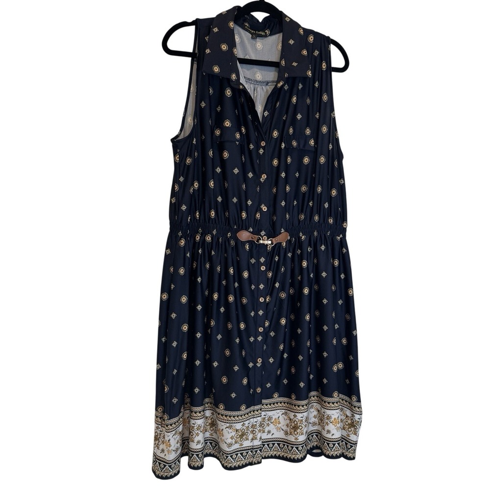 Always Indigo Dress Womens 2X Shirt Dress Navy Blue Medallion Button-Down Boho